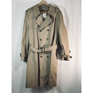London Fog Maincoats Vintage Mens Khaki Double Breasted Belted Trench Coat Tan